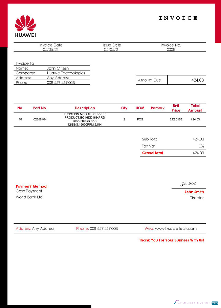 Download USA Huawei invoice template Photoshop template